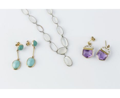 A PAIR OF AMETHYST AND CULTURED PEARL EAR PENDANTS, on post fittings, 18ct gold mounted, together with a pair of turquoise co