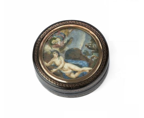 A 19TH CENTURY TORTOISESHELL CIRCULAR BOX, with pique inset greek key borders, the cover inset with a glazed panel painted wi