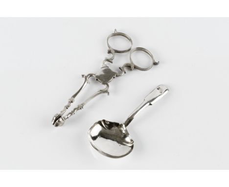 A PAIR OF GEORGIAN SILVER SUGAR NIPS, maker's mark struck twice R.M., probably Richard Mills, London circa 1760, 11cm; and a 