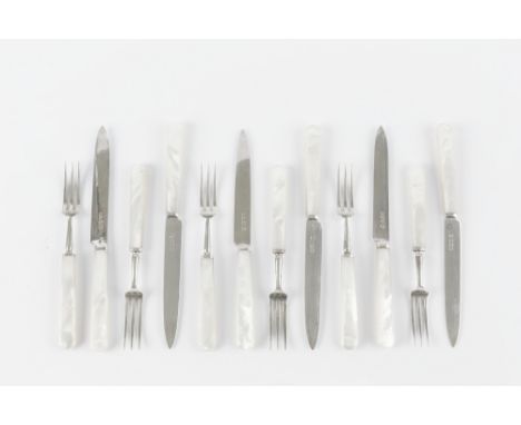 A SET OF SIX SILVER FRUIT KNIVES AND EIGHT FORKS, with mother of pearl handles by Cooper Brothers &amp; Sons Ltd, Sheffield 1