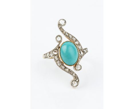 AN EARLY 20TH CENTURY TURQUOISE AND DIAMOND PANEL RING, the central oval cabochon turquoise in millegrain collet setting, bor