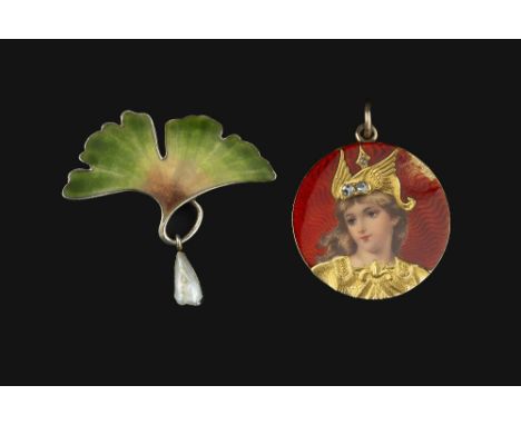 A CONTINENTAL ENAMEL AND DIAMOND SET PENDANT, the circular polychrome enamel panel depicting the profile of a female warrior 