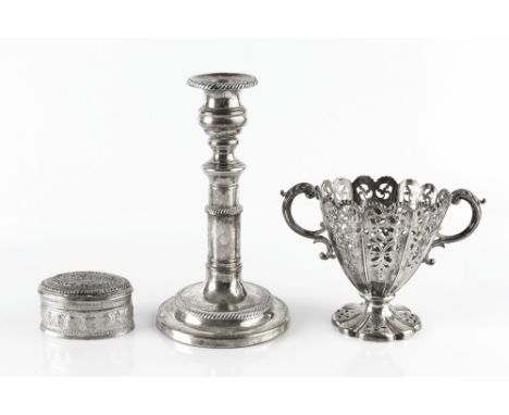 A VICTORIAN SILVER TWIN HANDLED SWEETMEAT BASKET, pierce decorated with stylised foliage, on pierced, lobed foot (lacking gla