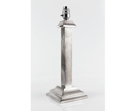 AN ART DECO SILVER TABLE LAMP, of textured square section design, on square base, by British Metalising Co. Ltd, London 1937,