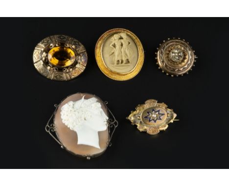 A COLLECTION OF VICTORIAN AND LATER BROOCHES, comprising a citrine single stone panel brooch, (later fitting), a half pearl s