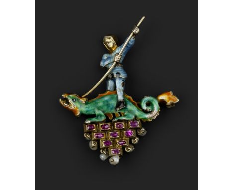 AN AUSTRO-HUNGARIAN ENAMEL AND GEM SET BROOCH, modelled as St George slaying the dragon, heightened with polychrome enamel, w