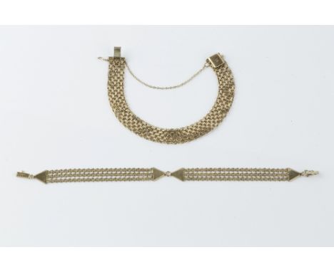 A FANCY-LINK BRACELET, stamped '14K 585', and a 9ct gold triple-strand fancy-link bracelet, spaced by triangular panels, firs
