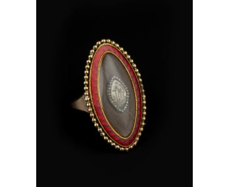 A GEORGIAN DIAMOND, ENAMEL AND HAIRWORK MEMORIAL PANEL RING, the navette-shaped panel centred with an ivory plaque, painted e