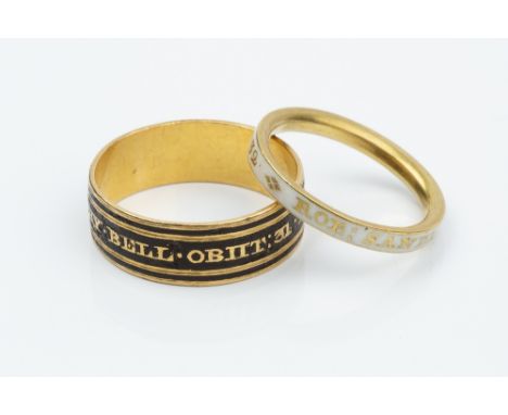 TWO GEORGIAN MEMORIAL BAND RINGS, the first with black enamel reeded decoration, inscribed 'Dorothy Bell, OBIIT 31 Aug 1796, 