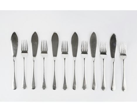 A SET OF SIX SILVER OLD ENGLISH PATTERN FISH KNIVES AND FORKS, by Harrison Brothers &amp; Howson, Sheffield 1950, 18.5 oz