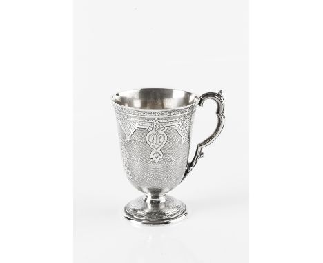 A MID VICTORIAN SILVER CHRISTENING CUP, engraved with strapwork, and with shaped handle, on pedestal foot, by Edward and John