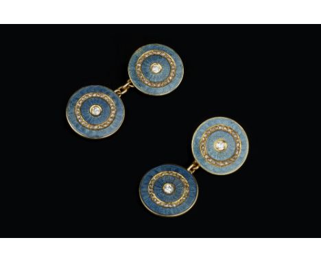 A PAIR OF ENAMEL AND DIAMOND CUFFLINKS, each circular panel centred with an old-cut diamond bordered by rose-cut diamonds, to