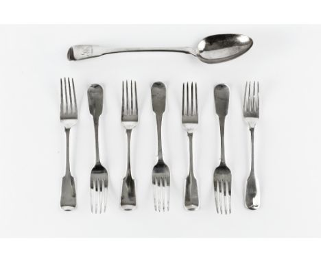 A SET OF FIVE WILLIAM IV SILVER FIDDLE PATTERN TABLE FORKS, by Jonathan Hayne, London 1830; two others similar, including one