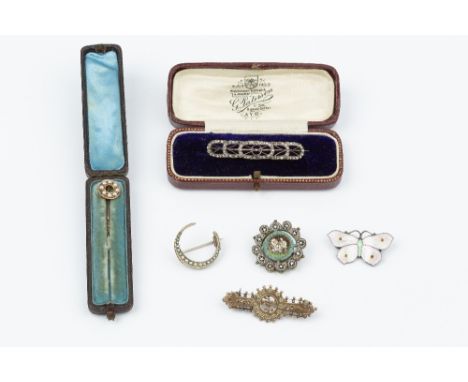 A COLLECTION OF JEWELLERY, comprising a rose-cut diamond set panel brooch, (two diamonds deficient), a half pearl set stick p