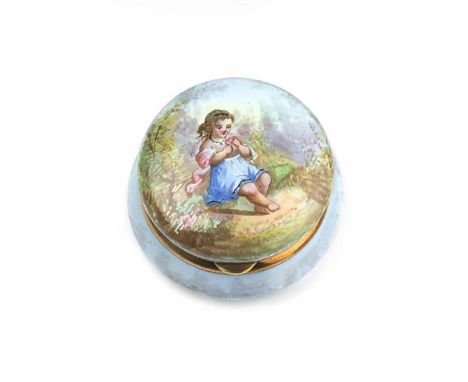 A SILVER AND PINK GUILLOCHE ENAMEL CIRCULAR BOX, the hinged cover painted with a courting couple in a garden, import marks fo