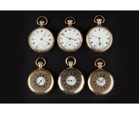 A COLLECTION OF GILT METAL POCKET WATCHES, to include a half hunter example by Thomas Russell &amp; Son, the white enamel dia