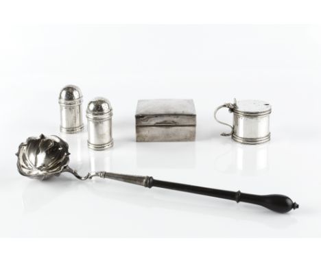 A COLLECTION OF SILVER, comprising a Georgian toddy ladle, with shaped bowl and ebonised handle, marks indistinct, a square c