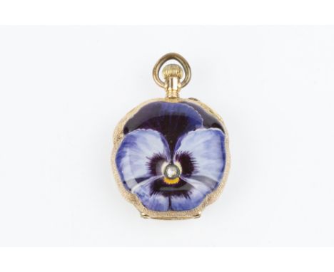 AN ENAMEL AND DIAMOND SET FOB WATCH, the circular dial with Arabic numerals and scroll pierced hands, to a keyless wind movem