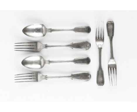 A MATCHED PART SERVICE OF 19TH CENTURY SILVER FIDDLE AND THREAD PATTERN FLATWARE, comprising 5 table forks, 6 dessert forks a