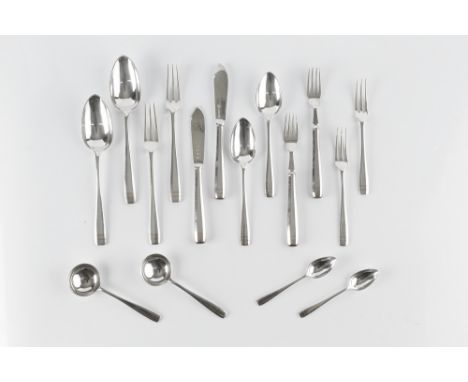 A SERVICE OF ART DECO SILVER FLATWARE, the rounded and faceted handles with two bands of copper coloured decoration, comprisi