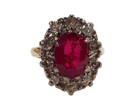 18 CARAT YELLOW GOLD RUBY &amp; DIAMOND RING WITH 0.5 CARAT OF DIAMONDS SIZE K