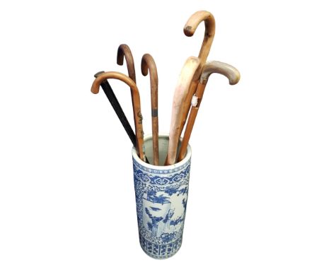 ANTIQUE ORIENTAL CERAMIC STICK STAND AND STICKS 61cm TALL