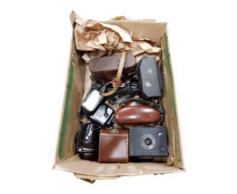 BOX OF VINTAGE CAMERAS AND ACCESSORIES - ZEISS, IKON, ENSIGN ETC 