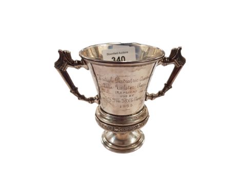 TWIN HANDLED SILVER TROPHY 4" TALL - DUBLIN 1935 INSCRIBED 'THE BRITISH PADIATRIC ASSOCIATION THE ULSTER CUP (REPLICA) WON BY