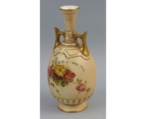 A Royal Worcester vase, of two-handled bottle shaped form printed, painted and gilded with flowers on a brush ground, shape N