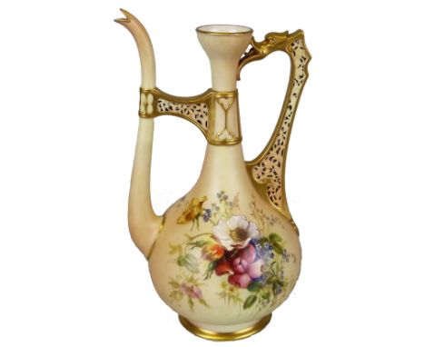 A late 19th century Royal Worcester ewer, of Turkish form, with reticulated dragon handle and neck support, printed, painted 