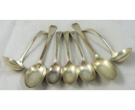A silver pair of old English pattern gravy ladles, by Viners, Sheffield 1934, three Old English pattern dessert spoons, Sheff