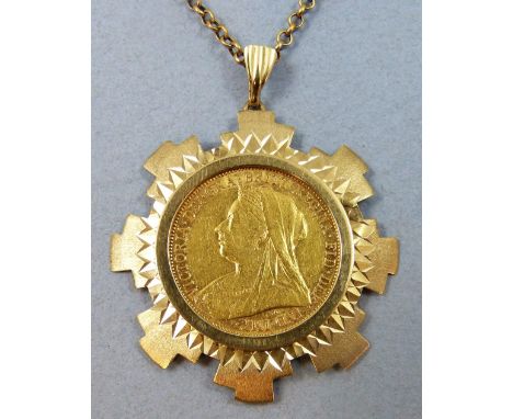 A Victorian sovereign mounted pendant, 1900, loose mounted in a 9 ct gold frame, chain, gross weight 15.5 gm.