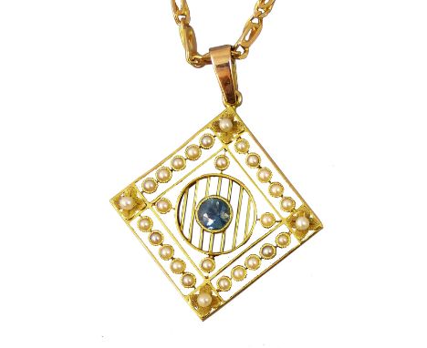 An Edwardian 15ct gold, sapphire and half pearl pendant, circa 1910, the central collet set sapphire within a pearl set latti