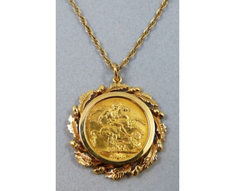 A George V sovereign, 1911, mounted as a pendant, 9ct gold chain, weight 15 grams.