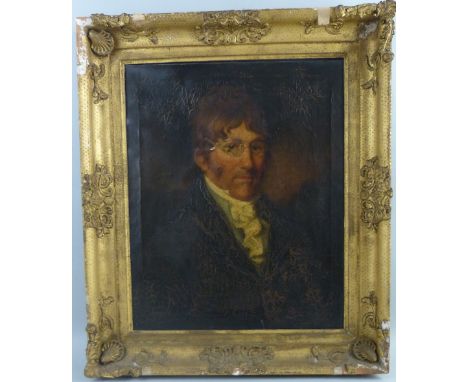19th century English school, portrait of a bespectacled gentleman, unsigned, oil on canvas, A/F, 60 x 48 cm, gilt frame.