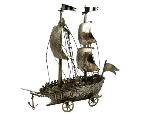 A German silver Neff, by J. D. Schleissner & Sohne, Hanau, circa 1890, in the form of a two masted vessel, coat of arms to th