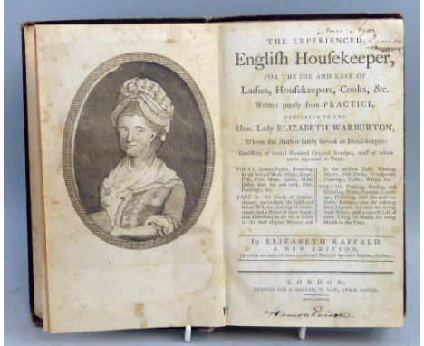 Raffald Elizabeth: The Experienced English Housekeeper. 1787. Engraved portrait frontispiece. Two folding plates giving corre