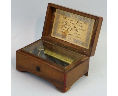 Jules Cuendet - a Swiss grained beech musical box, with thirty six tooth steel comb playing six airs, detailed on tune sheet 