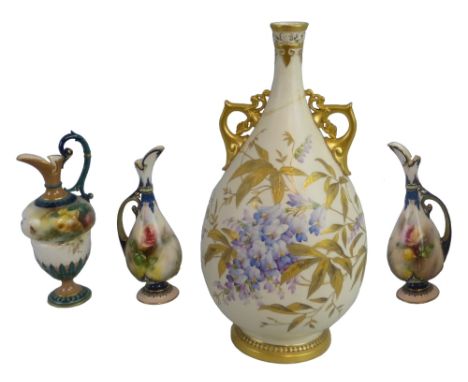 Four Worcester vases for restoration, comprising; Royal Worcester shape 935 blush ivory vase painted and gilded with flowers,