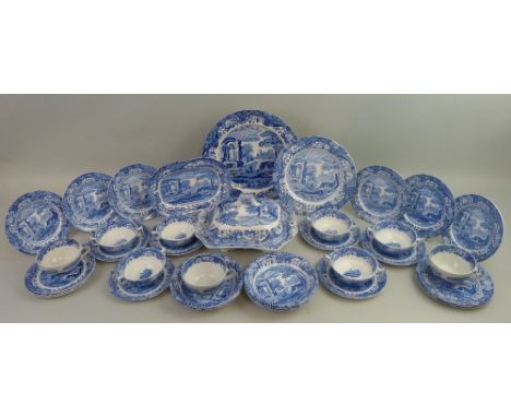 A quantity of Copeland Spode Italian pattern dinner and tea ware, comprising two graduated octagonal meat plates, two shaped 