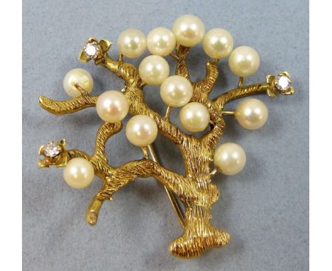 A gold, cultured pearl and diamond tree of life brooch, stamped 15 k, set with beads and brilliant's, weight 14 gm, length 45