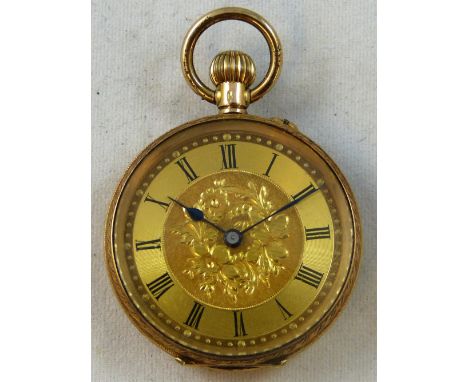 A 14 K gold keyless wound open face fob watch, the gilt dial with Roman numerals,  metal dust cover, floral engraved back cov