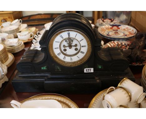 Large 19thC Belgian Slate mantel clock with open escapement and Roman numeral dial 