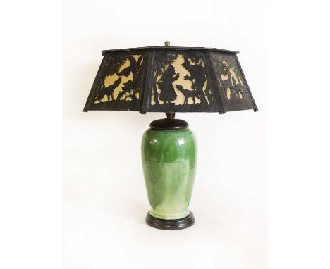 An Art Deco green-glazed vase lampwith fret-carved shade46cm diameter50cm highCondition ReportSome small rips and tears to th