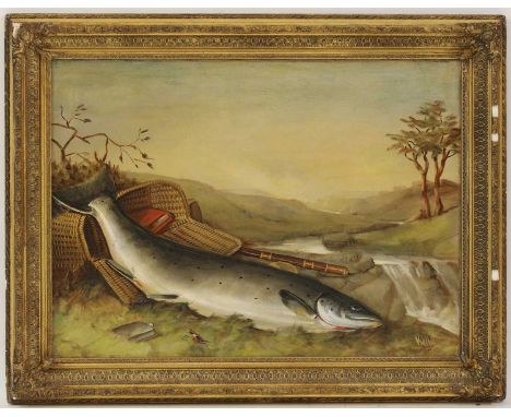 Robert Kell (1829-1902)A large salmon with fishing paraphernalia on a riverbanksigned 'Kell' l.r., oil on canvas51 x 69cmCond