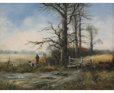 ▴ John Trickett (b.1952)A springer and huntsmansigned 'John Trickett' l.r., oil on canvas51 x 66cmCondition Reportoverall: 66