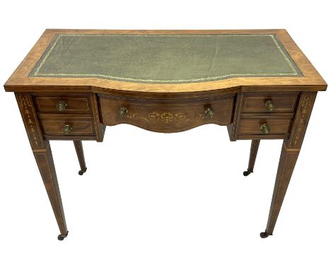 Edwardian inlaid rosewood writing desk, break bow-front with tooled and gilt green leather inset, fitted with five drawers, t