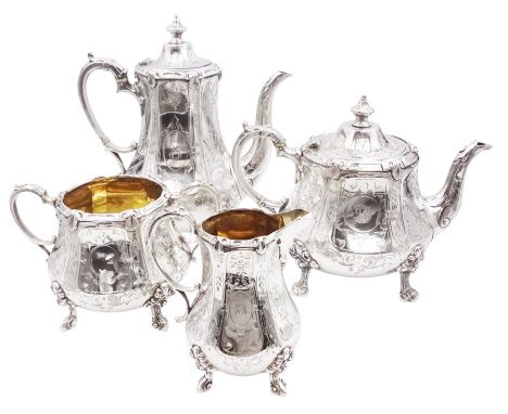 Victorian four piece silver tea service, comprising teapot, coffee pot, cream jug and twin handled open sucrier, each of hexa