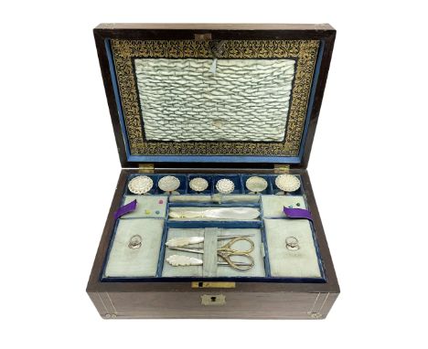 Victorian walnut sewing box, of rectangular form with brass escutcheon and inlaid brass decoration to the hinged cover, openi