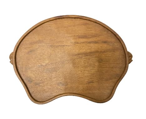 Mouseman - adzed oak kidney shaped tea tray with twin carved mouse signature handles, by the workshop of Robert Thompson, Kil